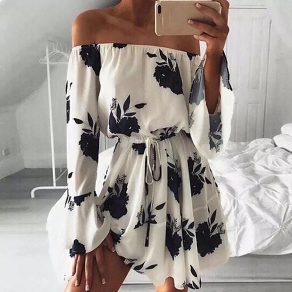 fairlygirly Dresses & Skirts - Off Shoulder Bell Sleeve Floral Waisted Mini Dress
